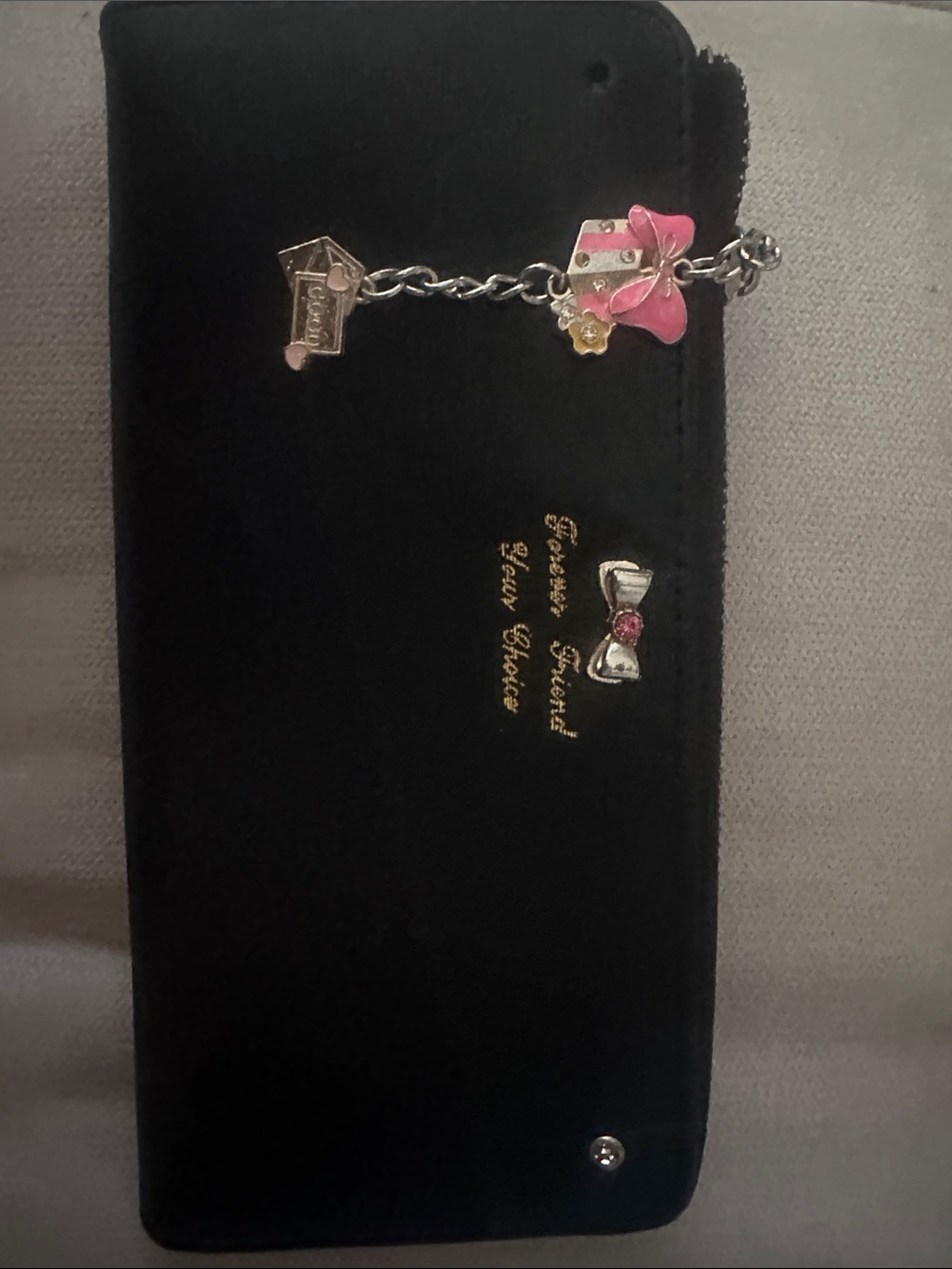 Black Zip Wallet with Pink Bow Charm